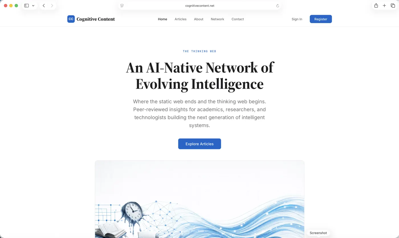Cognitive Content landing page — clean editorial layout for the thinking web.