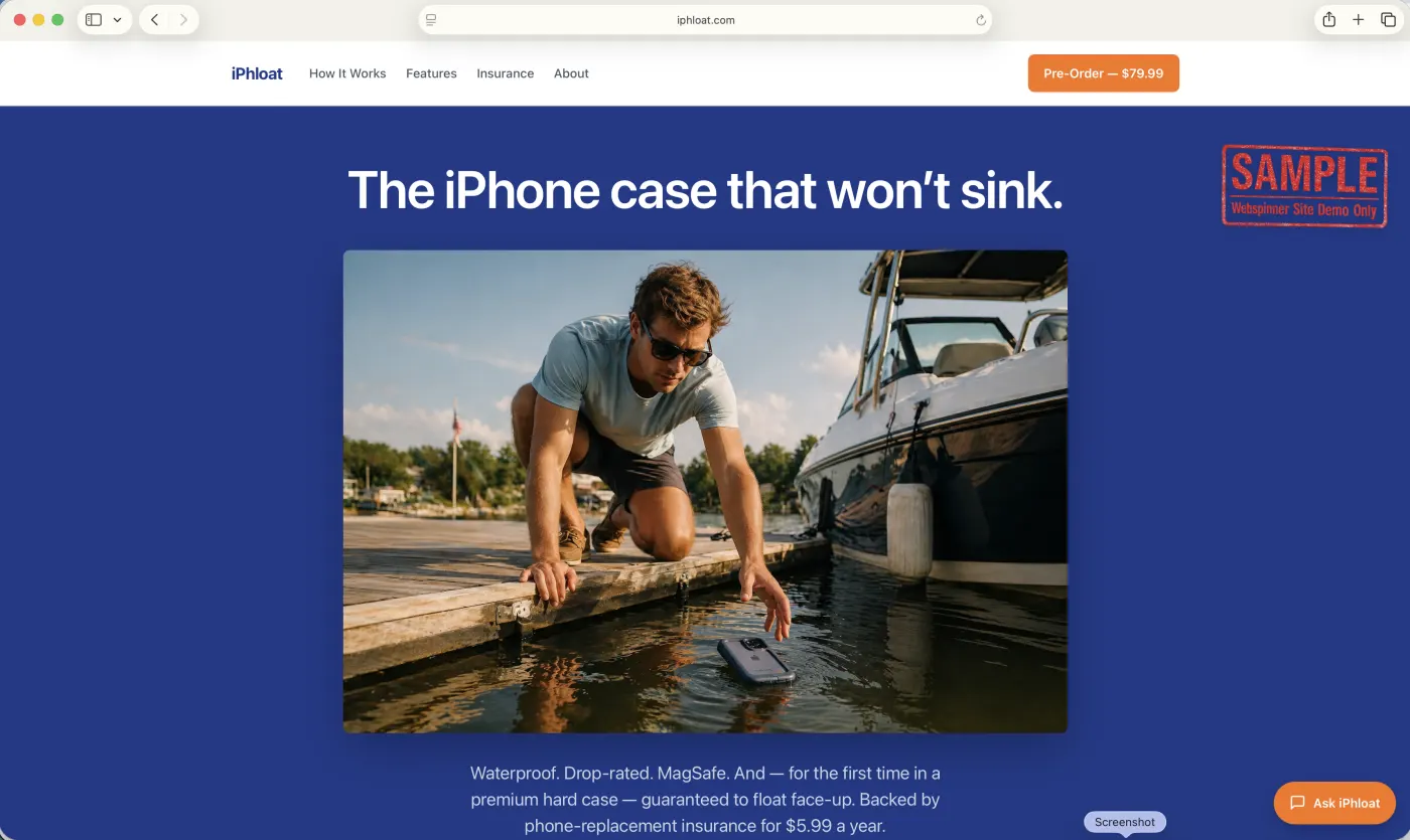 iPhloat landing page — a smiling man retrieving his phone from a sunlit dock.