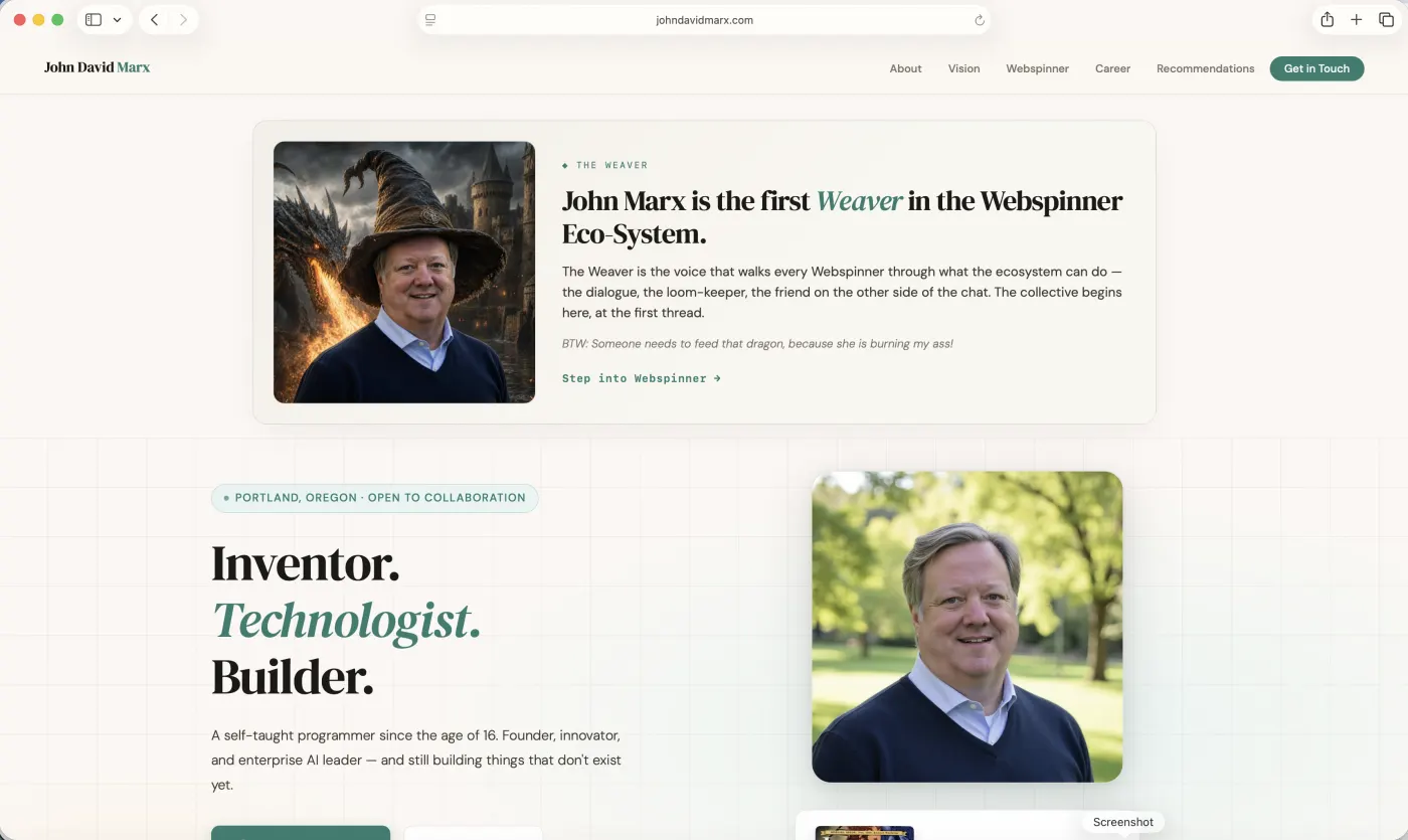 johndavidmarx.com landing page — a smiling Weaver with a wizard hat and a friendly dragon.