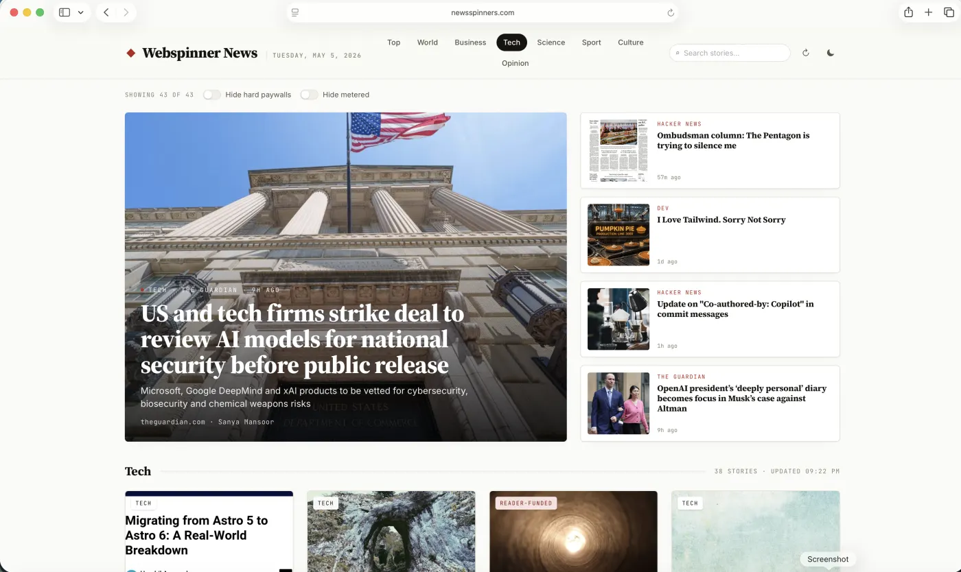 Webspinner News landing page — newspaper-style layout with a hero story under the US flag at the Treasury, a sidebar of latest headlines, and a Tech section grid below.