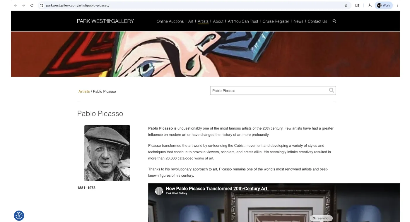 Park West Gallery's Pablo Picasso page — the colourful painting strip, the iconic black-and-white portrait, and the opening biography