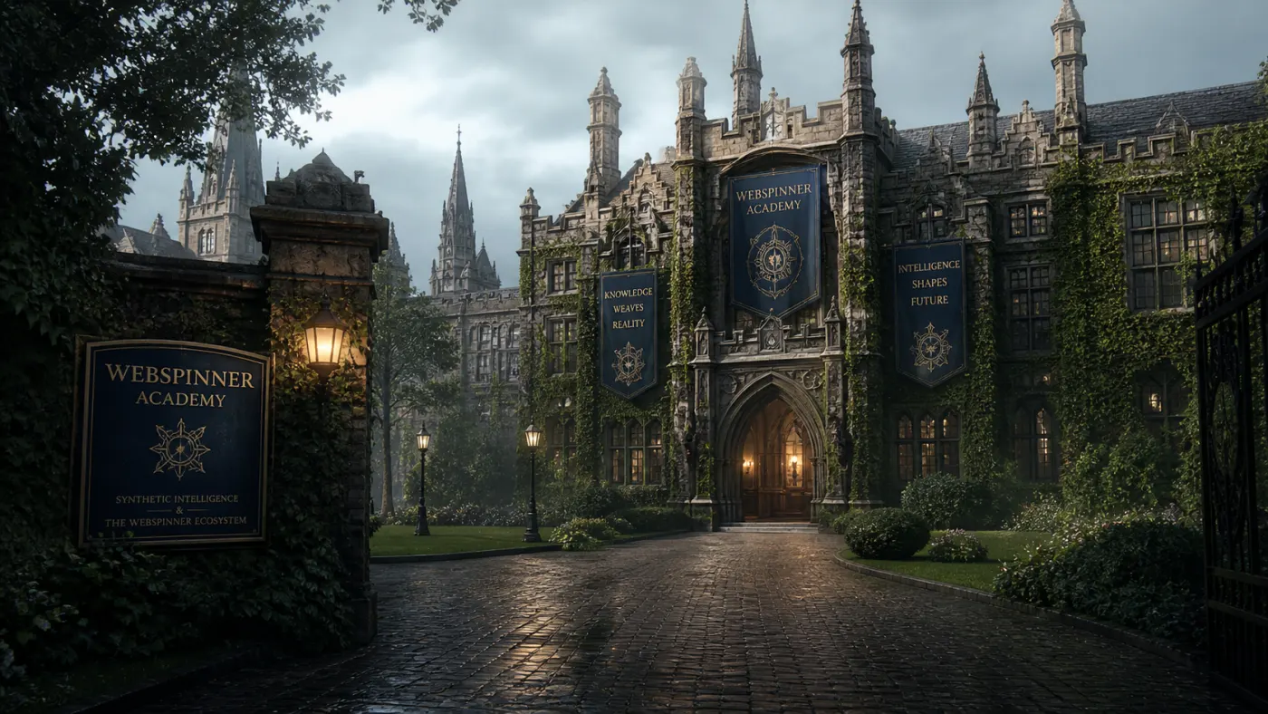 Webspinner Academy landing page — ivy-covered Gothic gates by lantern light.