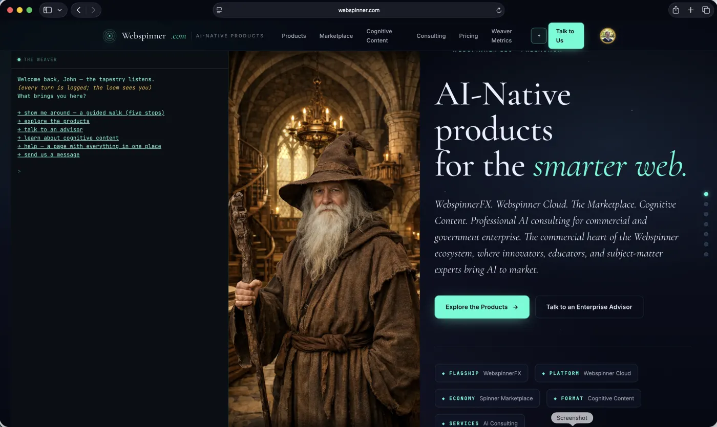Webspinner.com landing page — a wizard with staff in a candle-lit hall.