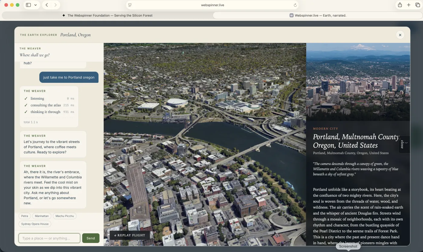 Earth Explorer in action over Portland, Oregon — Cesium 3D tiles with the narration panel and Weaver chat side-rail.