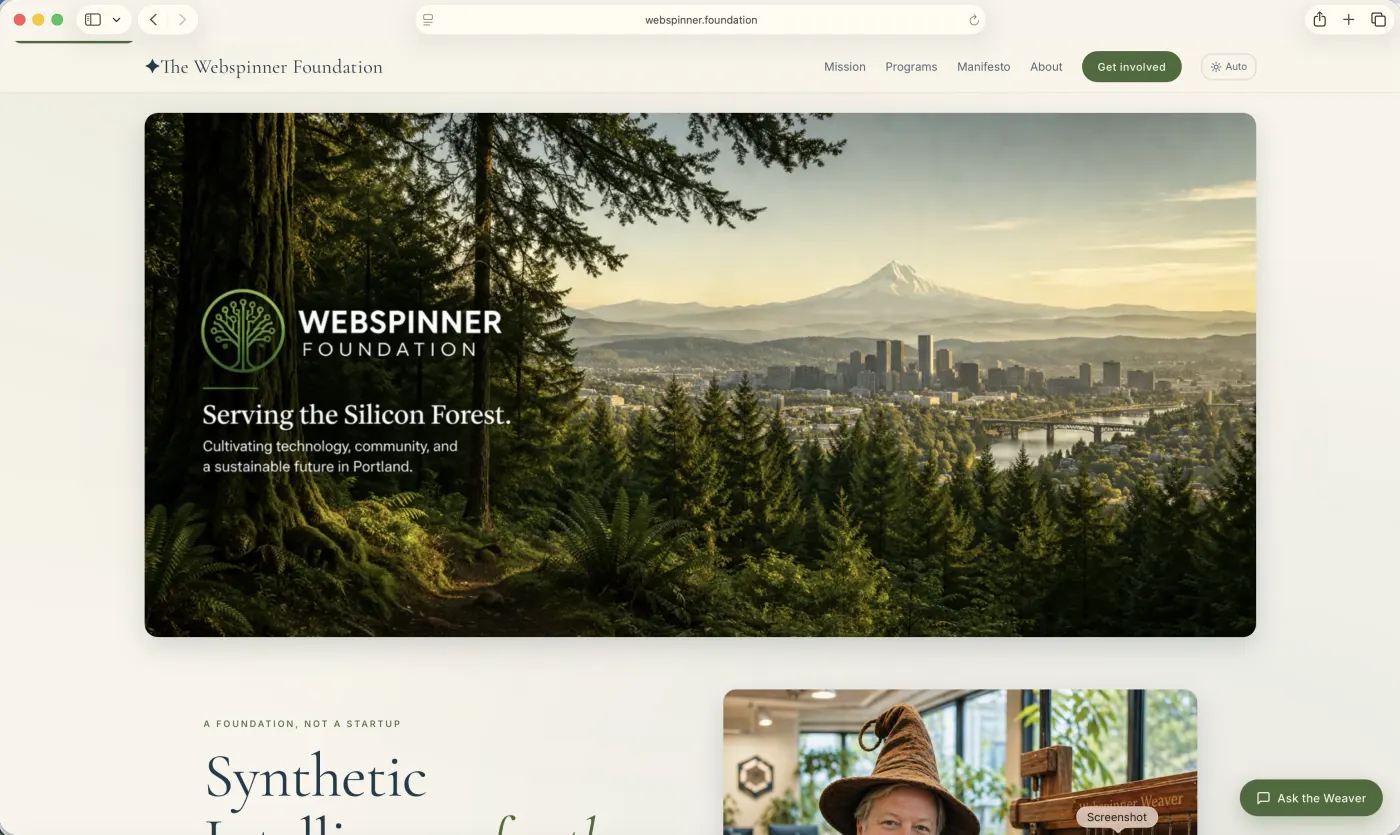Webspinner Foundation landing page — Mt. Hood beyond the Silicon Forest.