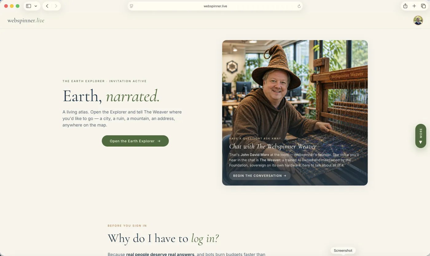 Webspinner.live landing page — the wizard at his loom in a sunlit studio.