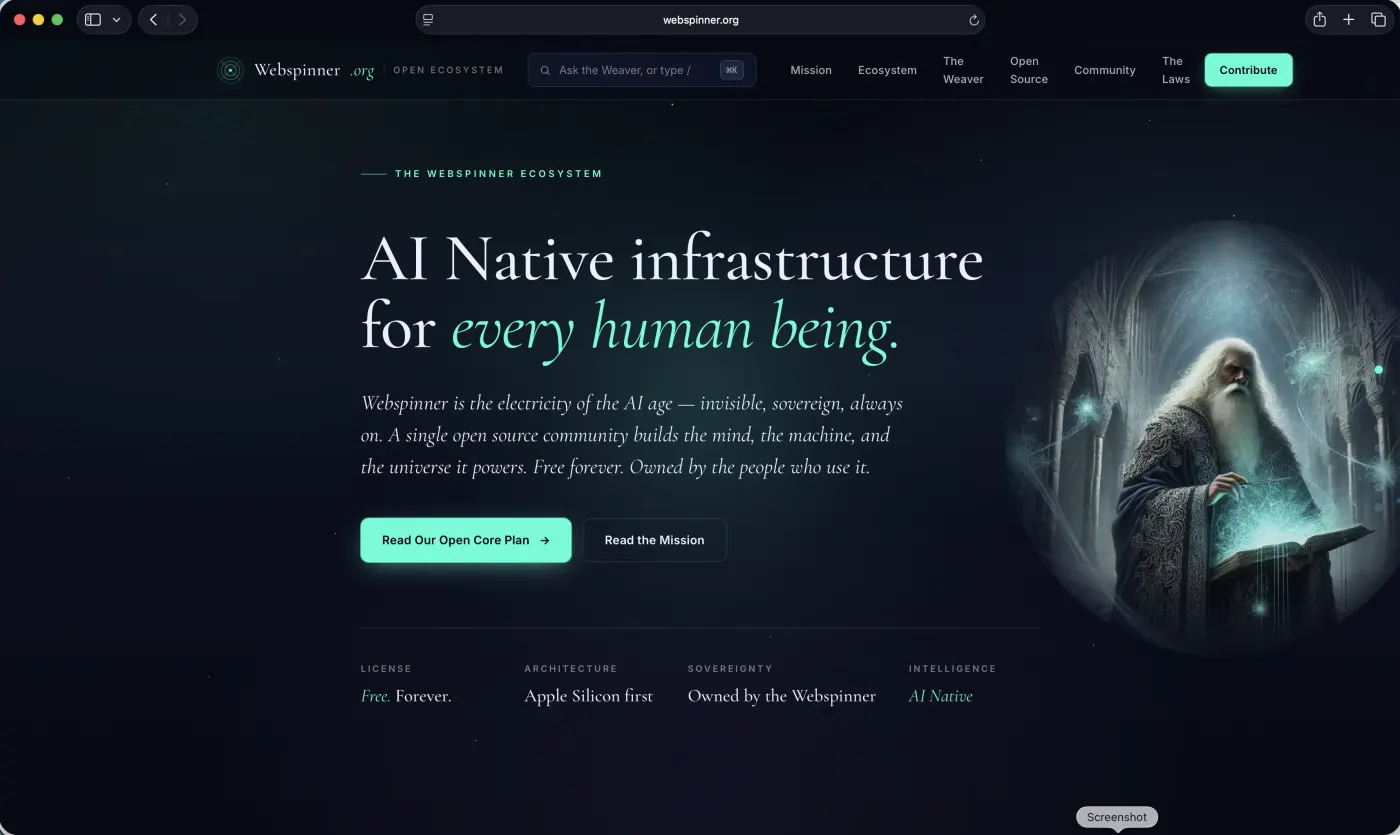 Webspinner.org landing page — an open-source wizard with a glowing tome.