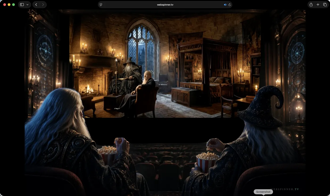 Webspinner.tv landing page — two wizards in a cinema with popcorn.