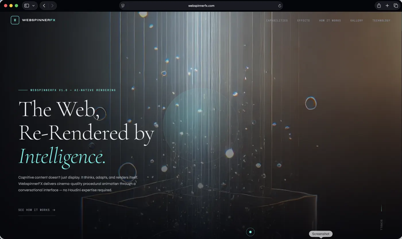 WebspinnerFX landing page — particles of light dropping into a black box.